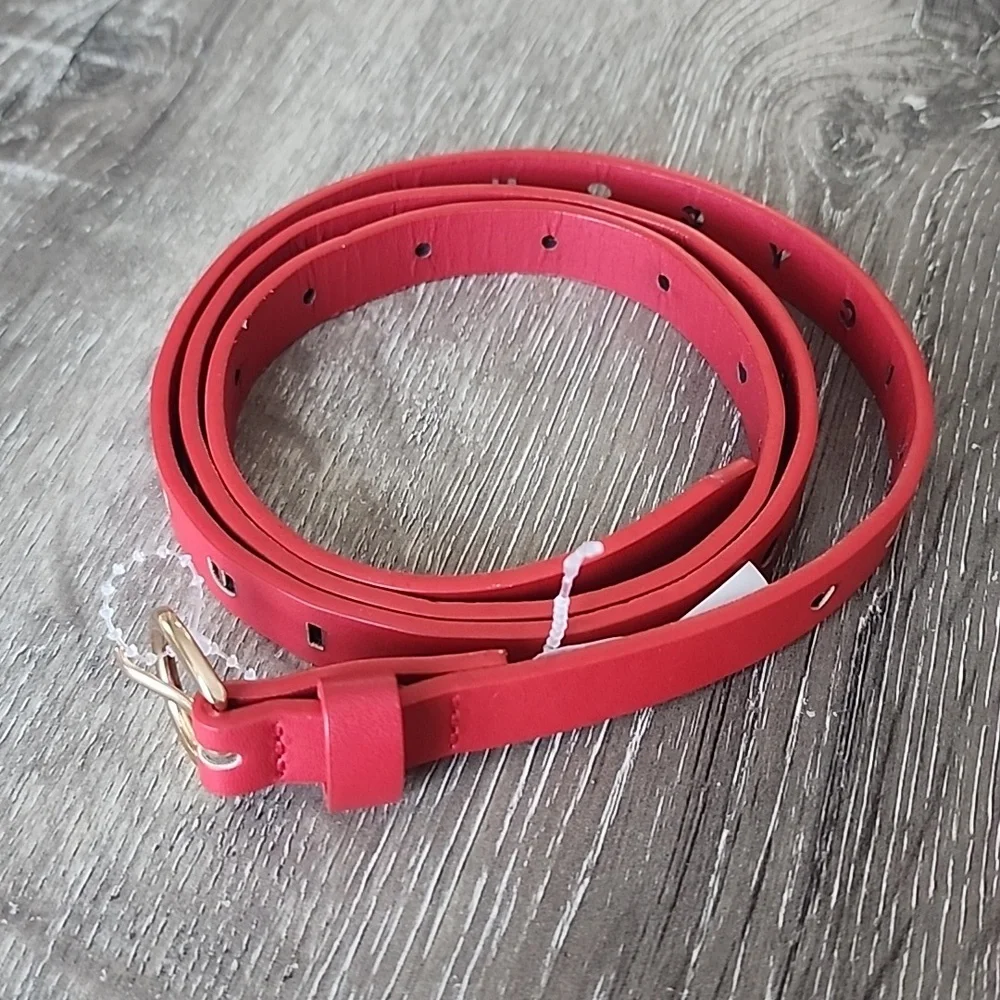NEW! JUICY COUTURE Lasercut Cut Out Logo Vegan Faux Leather Skinny Belt M/L Red